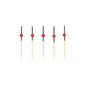 Five PAPSTAR 250 finger food picks from PAPSTAR GmbH, made of wood with black sleeves and red beads, arranged vertically in a row against a white background.