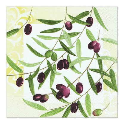 The PAPSTAR GmbH 20 napkins, 33 x 33 cm, 3-ply from the design set 2 feature an olive branch pattern with green leaves and purple olives, as well as a yellow motif on a light background.