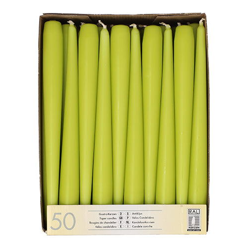 Eine Schachtel mit 50 Starpak Leuchterkerzen, jede mit einem Durchmesser von 2,2 cm und einer Länge von 25 cm, ist aufrecht in einer einzigen Schicht angeordnet. Das Etikett auf der Vorderseite enthält Produktinformationen und die Marke Starpak mit einem Zertifizierungslogo.