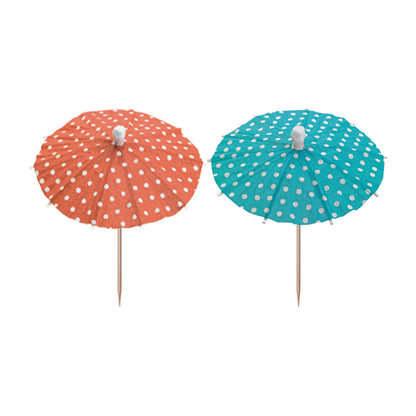 Two PAPSTAR 10 decoration pick cocktail umbrellas from PAPSTAR GmbH – one orange, one blue, both with white dots and wooden sticks – stand side by side on a white background and are ideal as party finger food decorations.