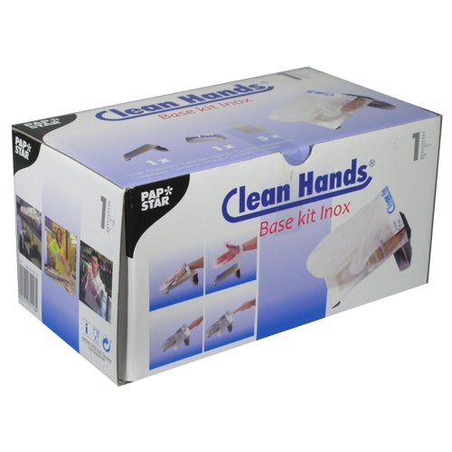 Das PAPSTAR Clean Hands Base Kit Edelstahl (11,5 x 12,7 x 22 cm, silber) in einer Faltschachtel von der PAPSTAR GmbH sorgt für hygienische Sauberkeit mit Edelstahlkomponenten; Produktbilder zeigen Handschutz und ordnungsgemäße Verwendung des Kits.