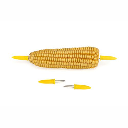 Ein Maiskolben mit PAPSTAR 10 Maiskolbenhalter gelb an beiden Enden und einem zusätzlichen Paar darunter, alles auf weißem Hintergrund – ideal für Ihr nächstes Grillfest. Marke: PAPSTAR GmbH.