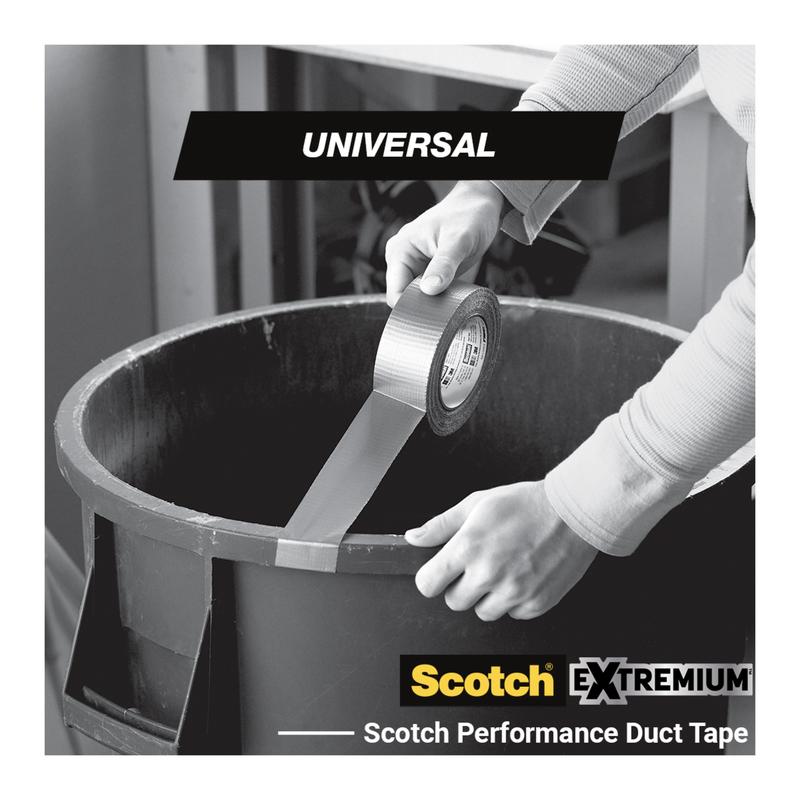 A person tapes Scotch® Extremium™ Universal Adhesive Tape (3 m x 19 mm) from a roll onto the edge of a large black trash can. The image shows "UNIVERSAL", "Scotch EXTREMIUM", and the brand name of 3M Deutschland GmbH.