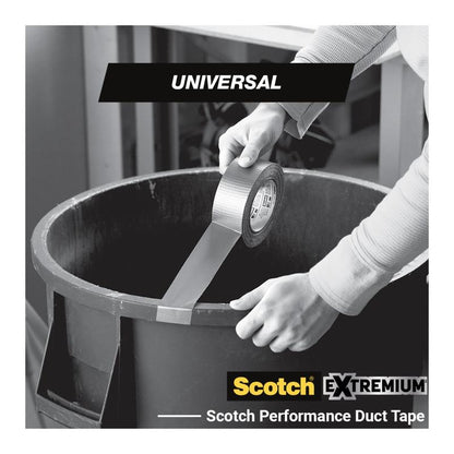 A person tapes Scotch® Extremium™ Universal Adhesive Tape (3 m x 19 mm) from a roll onto the edge of a large black trash can. The image shows "UNIVERSAL", "Scotch EXTREMIUM", and the brand name of 3M Deutschland GmbH.