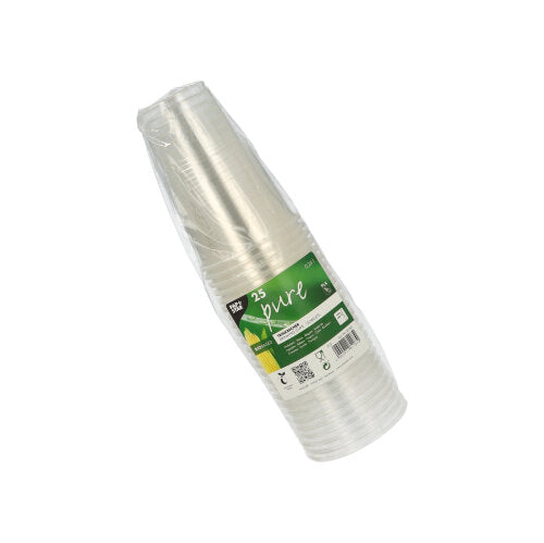 Ein 25er-Pack PAPSTAR Kaltgetränkebecher „pure“ aus biologisch abbaubarem PLA, glasklar mit Schaumrand, in transparenter Verpackung mit grünem Markenetikett von PAPSTAR GmbH.