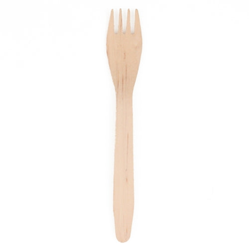 Eine einzelne PAPSTAR 16,5 cm Holzgabel aus der „pure“ Serie (Beutel mit 25 Stück) von PAPSTAR GmbH mit vier Zinken ist vor weißem Hintergrund abgebildet.