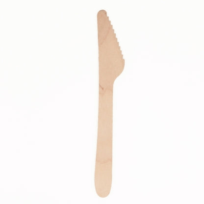 A PAPSTAR wooden knife "pure" (16.5 cm), environmentally friendly and stable, with a serrated edge, lies against a white background. Bag contains 25 pieces.