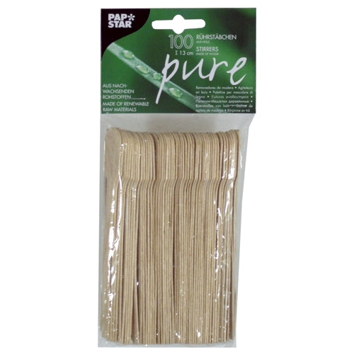 Ein transparenter Kunststoffbeutel der PAPSTAR GmbH enthält 100 Rührstäbchen aus Holz "pure" (13 cm), beschriftet in Deutsch und Englisch mit umweltfreundlichen Hinweisen. Produkt: PAPSTAR 100 Rührstäbchen, Holz "pure" 13 cm | Beutel (100 Stück).