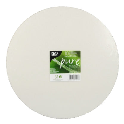 A stack of round, white PAPSTAR 10 cake boards made of "pure" cardboard by PAPSTAR GmbH, labeled as environmentally friendly and biodegradable, is delivered in a pack of 10.