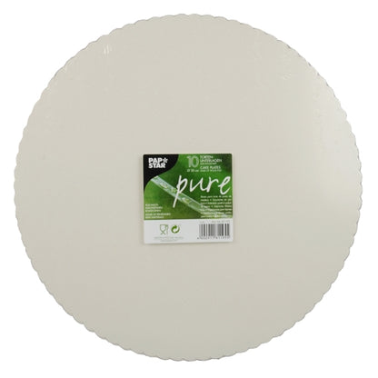 Depicted is a set with 10 round, white PAPSTAR cake plates made of environmentally friendly cardboard. Each plate has a wavy edge and is marked with the green-white "Papstar Pure" label. The background is plain white.