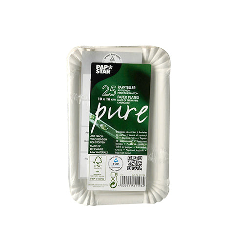 Ein Stapel runder, weißer PAPSTAR Pappteller („pure“) in Verpackung enthält 25 umweltfreundliche Einweg-Teller (Pappe, Marke PAPSTAR GmbH) mit Recycling-Symbolen und grünem Schriftzug auf der Vorderseite.