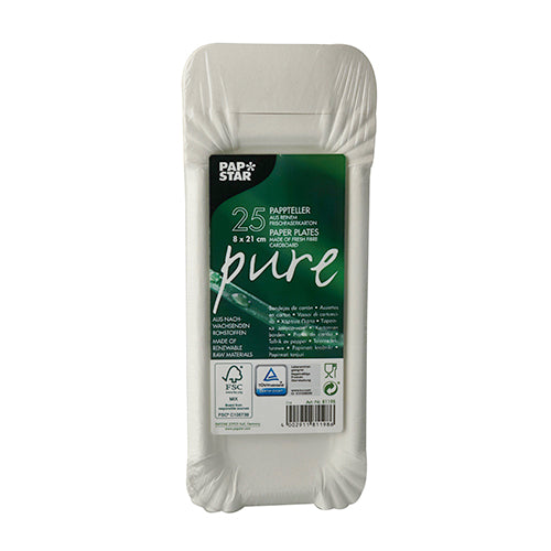 A 25-pack of round white disposable plates made from sustainable cardboard from PAPSTAR GmbH, "Pure" series, in predominantly white packaging with a green label with product details in multiple languages.