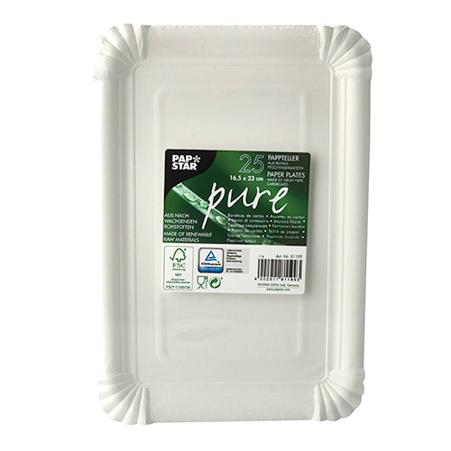 A stack of 25 round white PAPSTAR disposable plates made of cardboard, product line "pure", eco-friendly and recyclable, in packaging with green-black label from PAPSTAR GmbH.