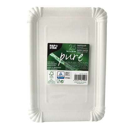 A stack of 25 round white PAPSTAR disposable plates made of cardboard, product line "pure", eco-friendly and recyclable, in packaging with green-black label from PAPSTAR GmbH.