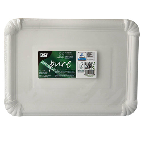 The PAPSTAR 25 plates, cardboard "pure" round white from PAPSTAR GmbH are environmentally friendly round white disposable plates with a green-white label with "Papstar" and 25 pieces, perfect for eco-conscious parties or events.