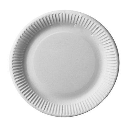 Against a white background, a round white disposable "pure" paper plate from PAPSTAR GmbH with a fluted edge is depicted from above.