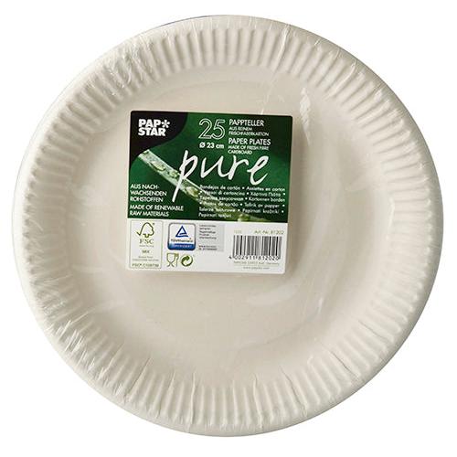 A stack of 25 round white "pure" cardboard plates from PAPSTAR GmbH with a green-white label in the middle, displaying product details and environmental information; the plates have a fluted edge.