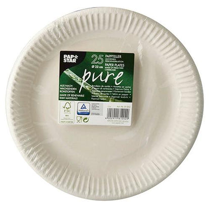 A stack of 25 round white "pure" cardboard plates from PAPSTAR GmbH with a green-white label in the middle, displaying product details and environmental information; the plates have a fluted edge.