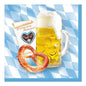 Ein Glas Bier mit Schaum, eine Salzbrezel, ein verzierter Lebkuchen und 100 PAPSTAR Servietten, 3-lagig 1/4-Falz 33 cm x 33 cm von der PAPSTAR GmbH liegen auf „Grüße vom Oktoberfest!“-Papier auf blau-weißem Rautengrund.