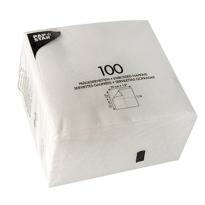 A sealed, transparent pack contains 1200 white PAPSTAR 1-ply napkins (33x33 cm), ideal for celebrations, from PAPSTAR GmbH. Product information and dimensions are printed on the packaging.