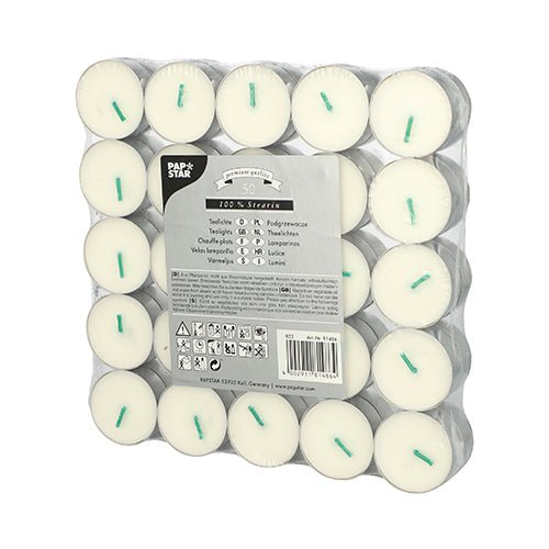 A package of 50 white PAPSTAR Tealights (100% stearin, Ø 37.2 mm, 15.5 mm) from the PAPSTAR GmbH - arranged in five rows of ten and packaged in plastic with multilingual labels and instructions on the front.