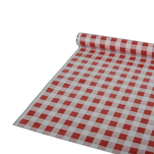 Eine Rolle Starpak Tischdecke Folie, 50 m x 80 cm in rotem Karo-Muster, wird auf einer ebenen Fläche teilweise abgerollt. Das Material ist Kunststofffolie.