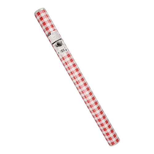 Eine Rolle Starpak Tischdecke Folie (50 m x 80 cm) in rotem Karomuster, abgebildet auf weißem Hintergrund mit einem Produktetikett am oberen Rand.