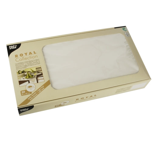 Eine rechteckige Box mit der Aufschrift „ROYAL Collection“ der PAPSTAR GmbH enthält 20 elfenbeinfarbene Seiden-Mitteldecken (80 x 80 cm) in beiger Verpackung mit einem gedeckten Esstisch, der durch ein klares Fenster sichtbar ist – ideal für eine elegante Tischdekoration.
