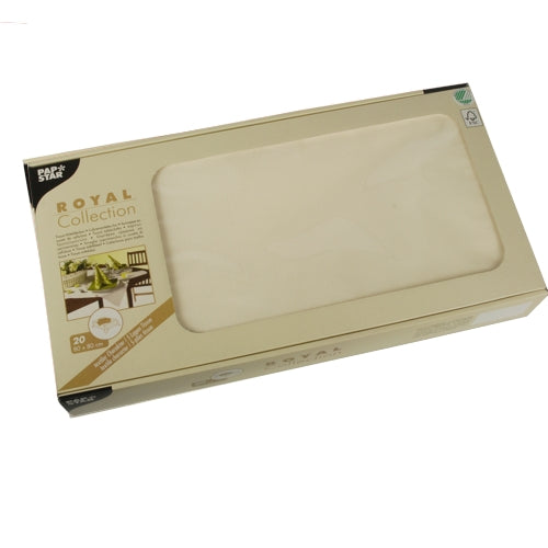 Eine beige rechteckige Schachtel mit der Aufschrift „PAPSTAR 20 Mitteldecken, Tissue ‚ROYAL Collection‘ 80x80 cm“ der PAPSTAR GmbH, mit einem transparenten Fenster, durch das die auf der Verpackung aufgedruckten Servietten und Produktdetails sichtbar sind.