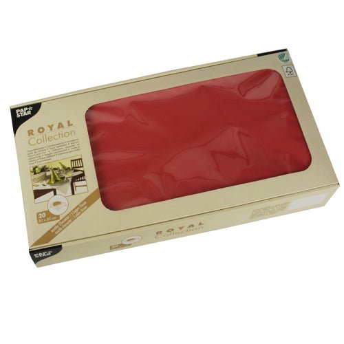 A beige box with 20 PAPSTAR table runners, tissue “ROYAL Collection” 80x80 cm from PAPSTAR GmbH, partially visible through a clear window with branding, table decoration ideas, and images of the set dining table on the packaging.