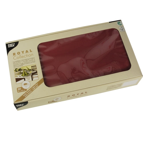 Eine beige rechteckige Box mit der Aufschrift "PAPSTAR 20 Mitteldecken, Tissue ROYAL Collection" der PAPSTAR GmbH präsentiert rote Servietten durch ein transparentes Fenster oben, ideal für die Tischdekoration. Die Verpackung enthält 20 Servietten im Format 80 x 80 cm.
