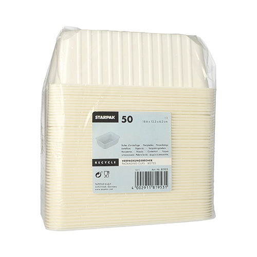 Eine transparente Kunststoffverpackung enthält 50 weiße, rechteckige Starpak Verpackungsbecher (1 l, 6,3 x 18,6 x 13,3 cm, PP) zur Aufbewahrung von Lebensmitteln. Das hellblaue Frontetikett zeigt die Marke Starpak und Produktdetails in mehreren Sprachen.