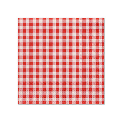 PAPSTAR 20 napkins from PAPSTAR GmbH: three-ply, square napkins in 25 x 25 cm format with a red-white gingham pattern, photographed on a plain white background.