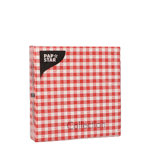 Eine Packung mit 20 Servietten der PAPSTAR GmbH, 25x25 cm, 3-lagig und 1/4-gefaltet, mit rot-weißem Karo-Design in einer Kunststoffverpackung.