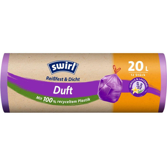 Eine Rolle Melitta Swirl Duft-Müllbeutel Vanille-Lavendel 20l (12 Beutel), reißfest & dicht, in braun-lila Verpackung mit Lavendelgrafik und deutschen Produktdetails, aus 100 % recyceltem Kunststoff.