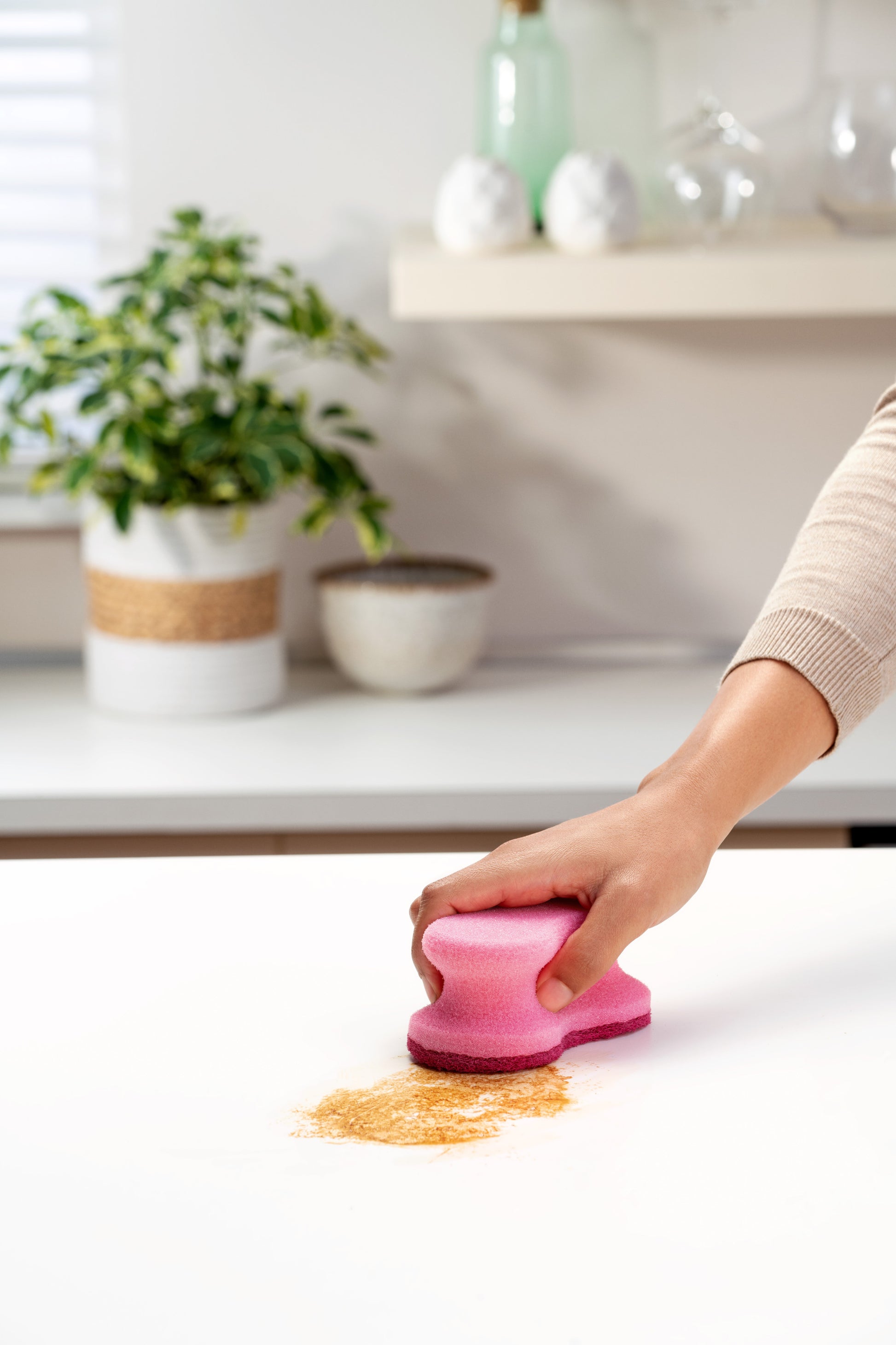 Eine Person benutzt den Scotch-Brite® Delicate Color Comfort nicht kratzender Reinigungsschwamm von 3M Deutschland GmbH, um einen pulverförmigen Fleck auf einer weißen Küchentheke zu reinigen. Im Hintergrund sind Topfpflanzen und Küchenutensilien zu sehen.
