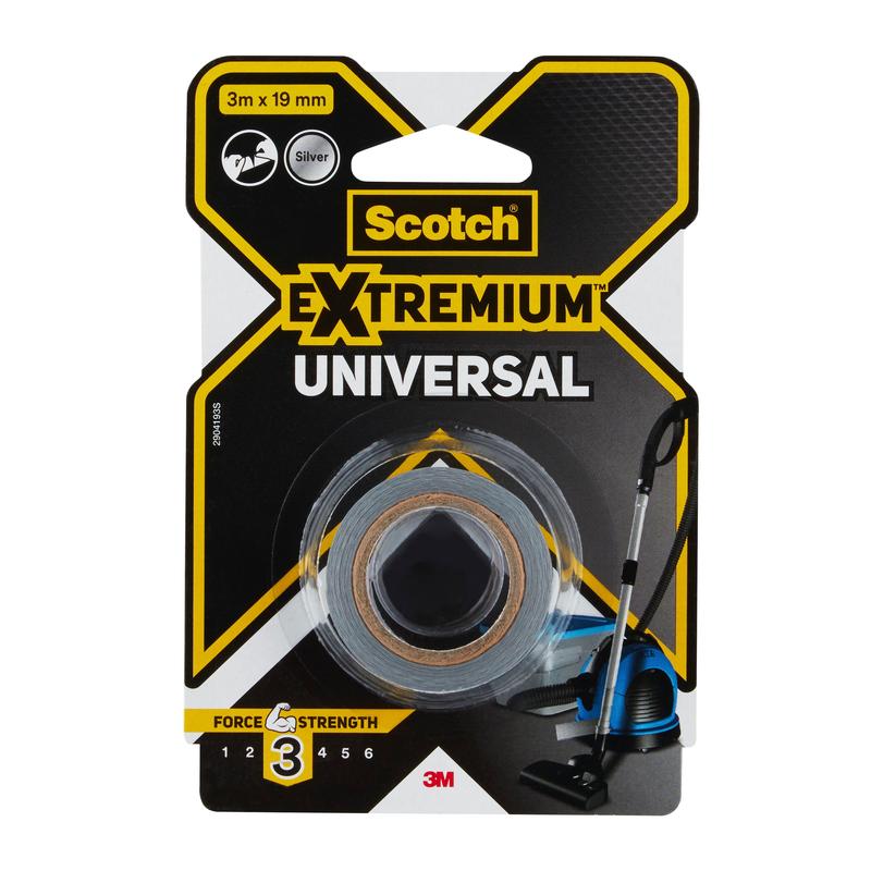 A package of Scotch® Extremium™ Universal Tape, 3 m x 19 mm, silver, from 3M Deutschland GmbH with a vacuum cleaner motif on the front and a strength level of 3/6 on the packaging.