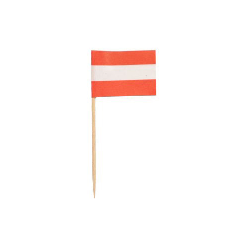 Der PAPSTAR 200 Deko-Picker 8 cm der PAPSTAR GmbH verfügt über eine Zahnstocherflagge mit drei horizontalen rot-weiß-roten Streifen wie die österreichische Nationalflagge – ideal zum Dekorieren von Fingerfood oder Catering.