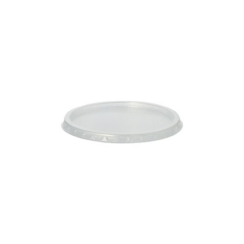 The Starpak 100 lid for packaging cups is a transparent, flat PP lid (Ø 10.1 cm · 0.8 cm) with a raised edge for round containers, shown in the oblique side view on a white background. Package contains 100 pieces.