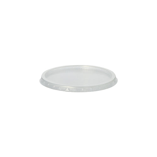 Der Starpak 100 Deckel für Verpackungsbecher ist ein transparenter, flacher PP-Deckel (Ø 10,1 cm · 0,8 cm) mit erhöhtem Rand für runde Behälter, dargestellt in der schrägen Seitenansicht auf weißem Grund. Packung enthält 100 Stück.
