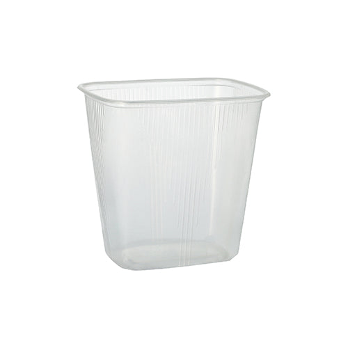 Der Starpak 100 Verpackungsbecher, PP eckig transparent, ist ein 250 ml klarer, rechteckiger Behälter mit leicht abgerundeten Kanten und vertikalen Rillen - perfekt für die Aufbewahrung von Lebensmitteln. Hier abgebildet auf weißem Hintergrund.