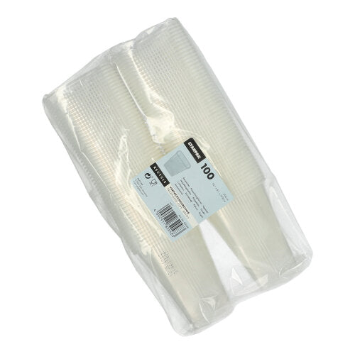 Abgebildet ist eine versiegelte Packung mit 100 Starpak Verpackungsbechern, PP eckig transparent (250 ml), mit einem weißen Produktetikett - perfekt für die Lebensmittelaufbewahrung.