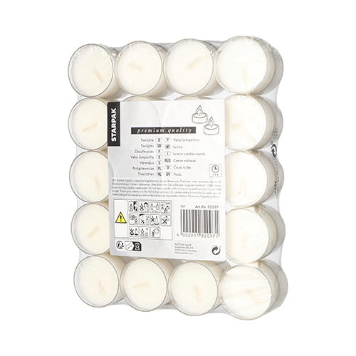 Eine Packung mit 40 weißen Starpak-Teelichtern (Ø 38 mm, 19 mm) wird aus Sicherheitsgründen in einer Polycarbonathülle geliefert, mit einem zentralen rechteckigen Etikett auf der eingeschweißten Schale, das Produktinformationen, Anweisungen und Warnhinweise anzeigt.
