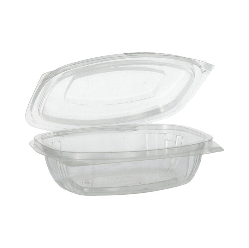 Die PAPSTAR 50 Feinkost- und Salatschalen mit Klappdeckeln, PLA „pure“ glasklar von der PAPSTAR GmbH sind offen auf schlichtem weißem Hintergrund abgebildet, ideal als umweltfreundliche Verpackung für Feinkost, zum Mitnehmen oder zur Aufbewahrung.