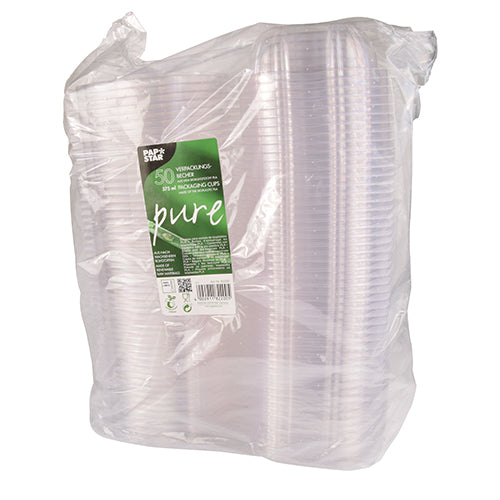 A sealed package with 50 PAPSTAR gourmet and salad bowls with hinged lids, "pure" crystal-clear, manufactured by PAPSTAR GmbH, features biodegradable and compostable PLA properties for eco-friendly use.