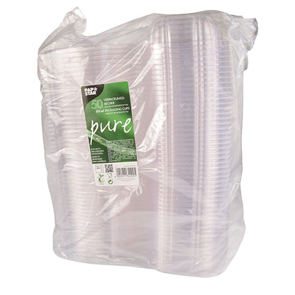 A sealed package with 50 PAPSTAR gourmet and salad bowls with hinged lids, "pure" crystal-clear, manufactured by PAPSTAR GmbH, features biodegradable and compostable PLA properties for eco-friendly use.