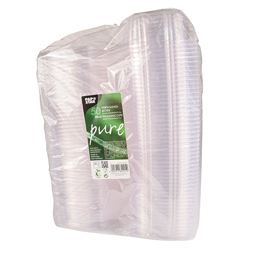 Eine durchsichtige, plastikverpackte Verpackung enthält 50 PAPSTAR Feinkost- und Salatschalen aus glasklarem PLA „pure“ mit Klappdeckeln der PAPSTAR GmbH, versehen mit einem grün-weißen Etikett auf der Vorderseite mit Produktinformationen.