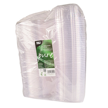 A transparent, plastic-wrapped package contains 50 PAPSTAR gourmet and salad bowls made of crystal-clear "pure" PLA with hinged lids by PAPSTAR GmbH, featuring a green-white label on the front with product information.