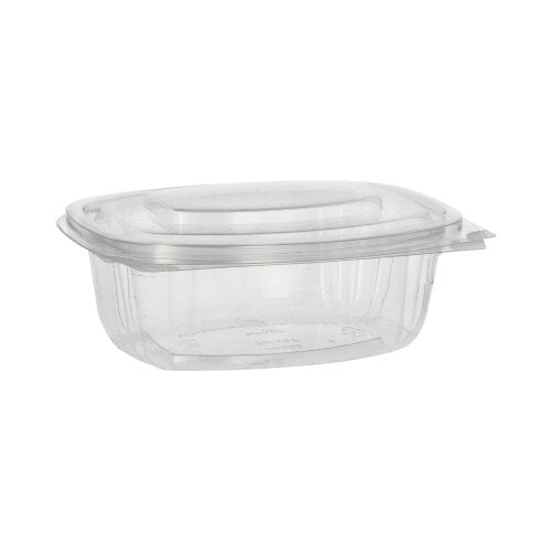 The PAPSTAR 50 gourmet and salad bowls with hinged lids, "pure" crystal-clear PLA by PAPSTAR GmbH is an eco-friendly, clear, compostable food container with a hinged lid, depicted against a plain white background.
