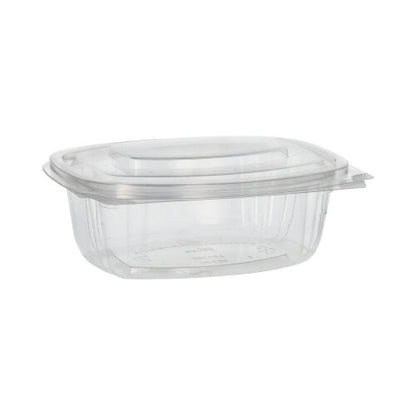 The PAPSTAR 50 gourmet and salad bowls with hinged lids, "pure" crystal-clear PLA by PAPSTAR GmbH is an eco-friendly, clear, compostable food container with a hinged lid, depicted against a plain white background.